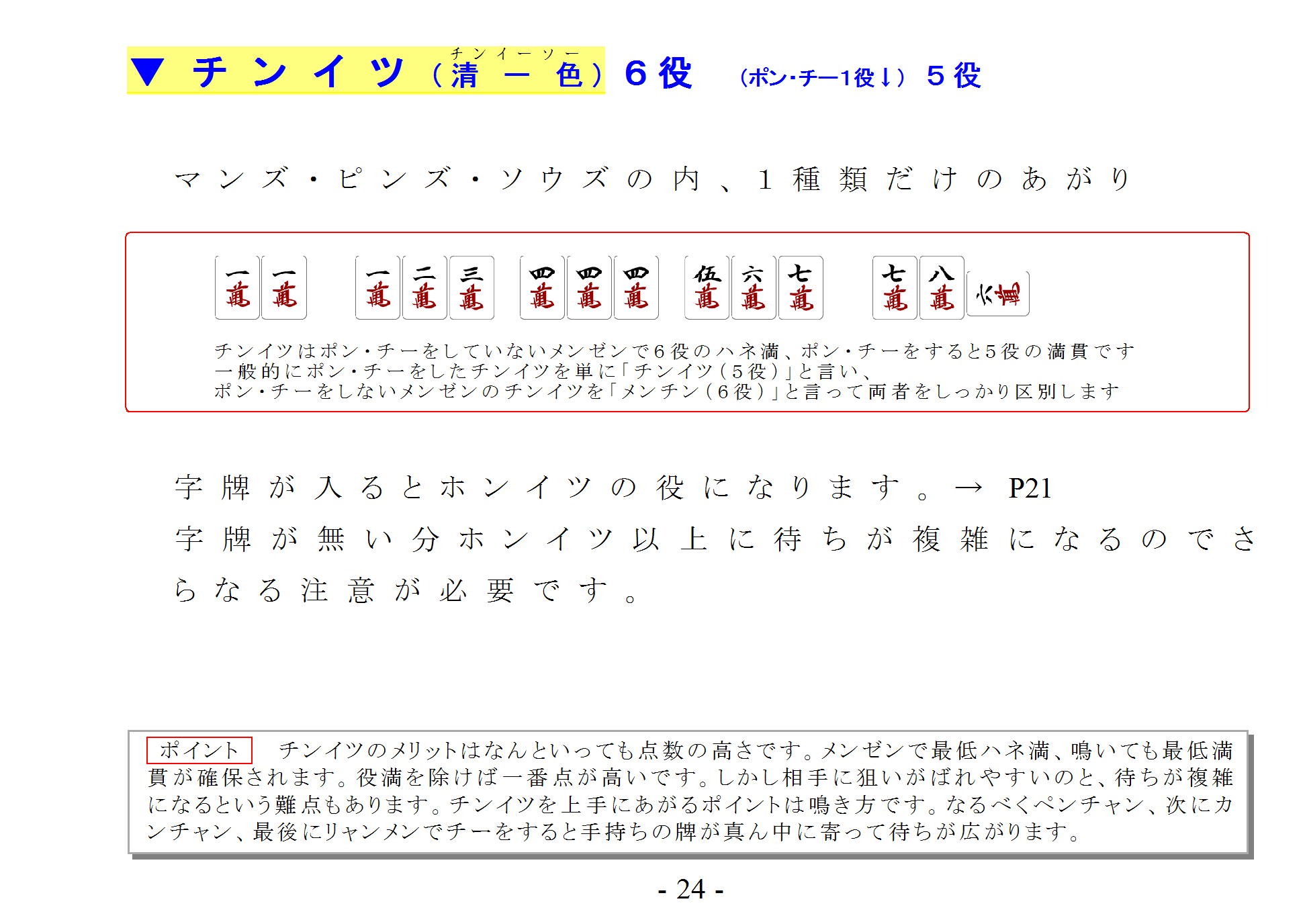 あがり役 チンイツ 清一色 チンイーソー ６役 ポン チー１役 東京 銀座 麻雀教室 習い事 銀座ファミリー麻雀教室