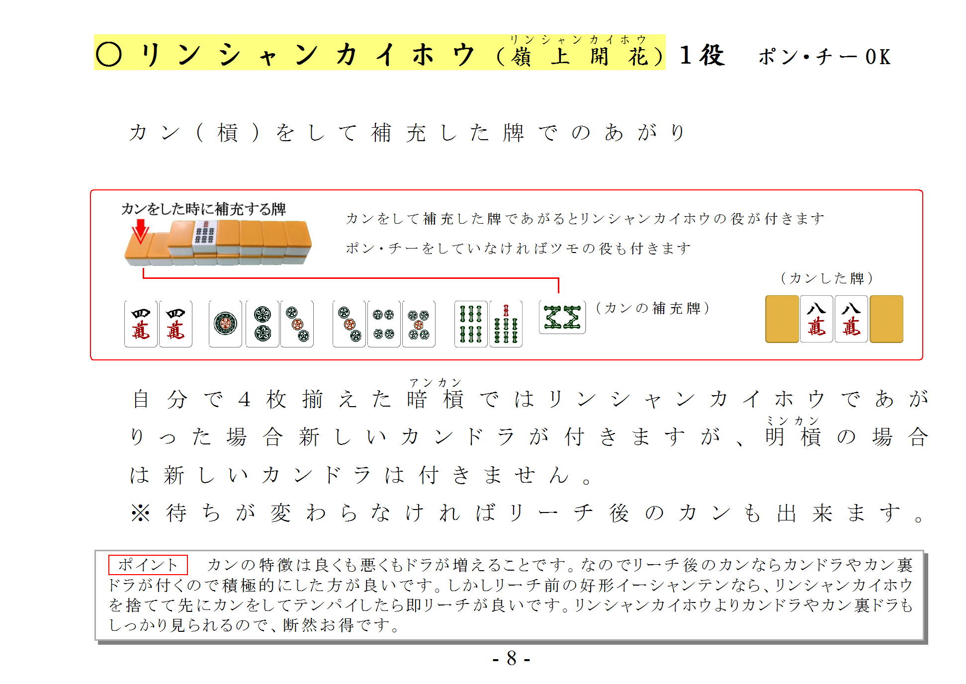 あがり役 リンシャンカイホウ 嶺上開花 リンシャンカイホウ １役 ポン チーok