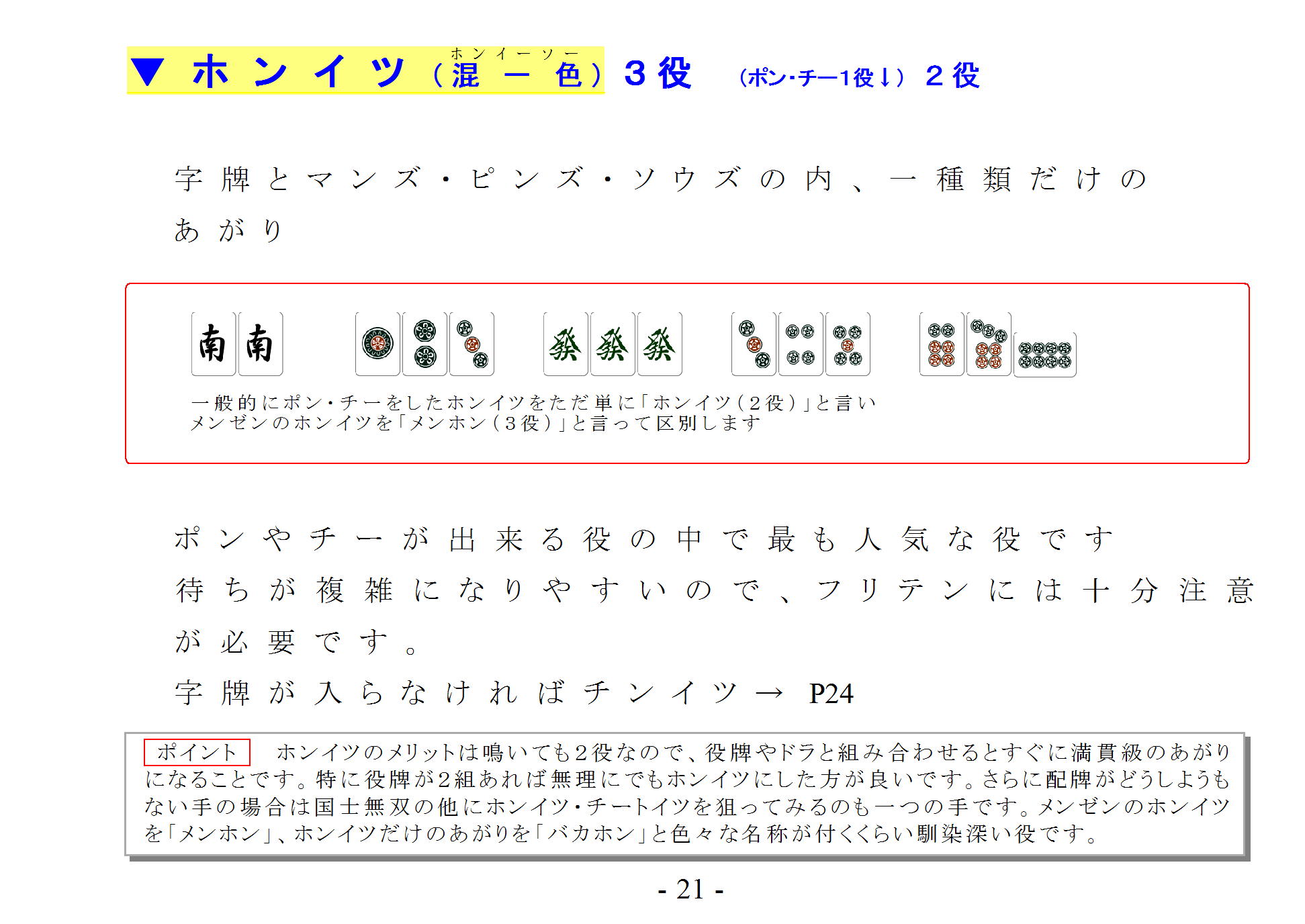 あがり役 ホンイツ 混一色 ホンイーソー ３役 ポン チー１役